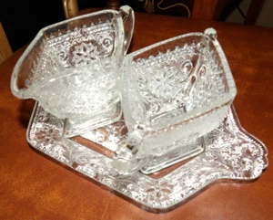 Indiana Glass Clear Sandwich Diamond Shape Creamer & Sugar Bowl with Underplate - Picture 1 of 12