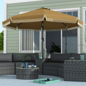 Outsunny 9ft Patio Umbrella with Tilt, Ruffled Outdoor Umbrella, Tan - Picture 1 of 11