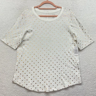 Camisa Banana Republic Mujer Grande Blanca Malibú Camiseta Metálica Dorada Lunares Nueva Foto 1 de 4