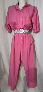 Vintage DEE PINK Polyester Knopfleiste 80er Jumpsuit Taschen Gürtel 3/4 Slv Gr. 11/12 USA - Bild 1 von 12