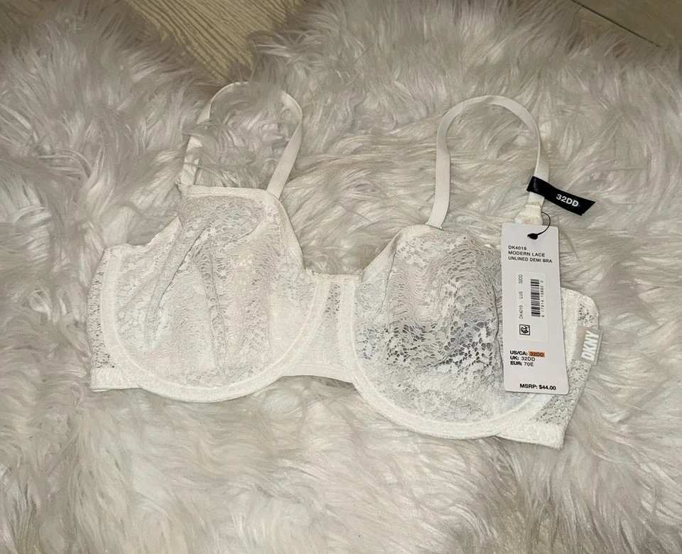 DKNY Modern Lace Sheer Demi Bra Unlined Underwire Womens 32DD White DK4019 New - Image 1 of 4