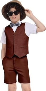 Boys Linen Suit Summer 2 Pieces Slim Fit Kids Suits Beach Wedding Outfit Vests - Picture 1 of 22