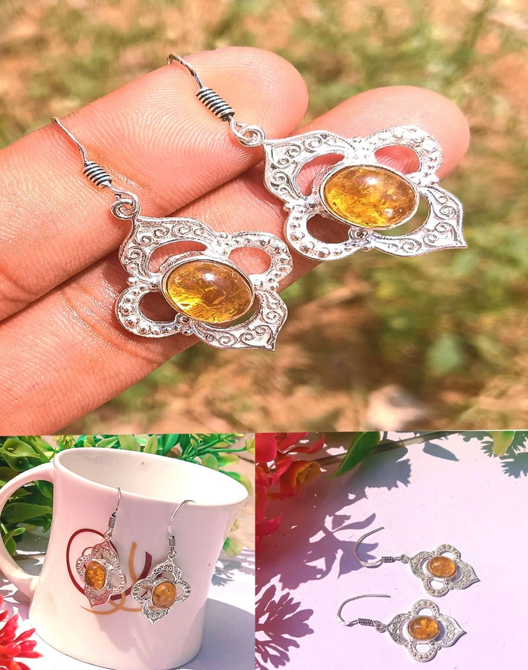 925 Sterling Silver Plated Baltic Amber Gemstone Earring Birthday gift Jewelry - Image 1 of 4