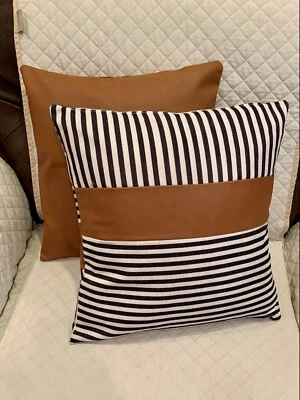 New Faux Leather Throw Pillows Brown Black Ticking Stripe 18x18” READY Set of 2  - Image 1 of 4