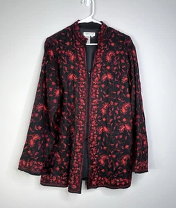 Coldwater Creek Duster Jacket Red Black Embroidered L Wool Full Zip Lagen - Picture 1 of 5