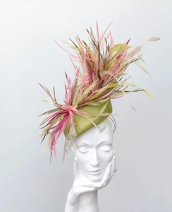 Lime Green Pillbox Fascinator with Feather Explosion in Pinks, Greens and Nudes - Picture 1 of 4