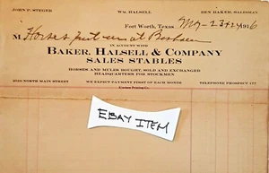 1916 Fort Worth Texas Baker, Halsell & Co. Sales Stables John Steger Wm. Halsell - Picture 1 of 1