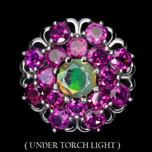 925 Anello Argento Sterling Rotondo Fuoco Opale 7mm Rodolite Granato Gemma Gioie - Foto 1 di 14
