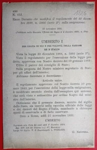 Royal Decree That Change Regulation On' IMMIGRAZIONE-1886 - Imagen 1 de 1