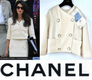 Mint Tag Chanel 2015 Ivory Tweed Jacket 34 36 38 2 4 6 White Top Logo Button S M - Picture 1 of 23