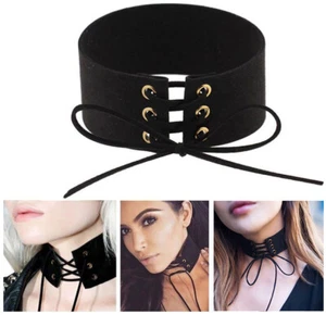 Sexy breites Kunstleder String Schnür Korsett Halskette Halsband Goth Mode - Bild 1 von 30
