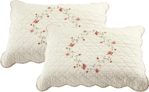 2-Piece Elegant Floral Embroidered Pillow Shams King Size 100% Cotton Quilted De - Picture 1 of 7