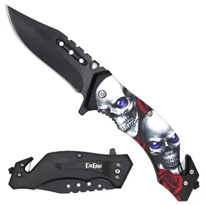 Cuchillo de rescate calaveras plateadas plegables bolsillo abierto asistido táctico militar hoja - Imagen 1 de 8
