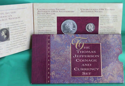 1993 Jefferson Silver $1 Coin and Currency US Mint Set with $2 Note Matte Nickel - Image 1 of 4