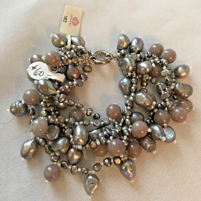 Five-Strand Gray Pearl and Lavender Stone Bracelet 8" New Old Stock - Image 1 of 4