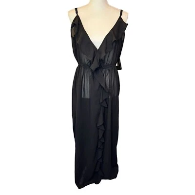 Maxi cubierta de playa Boohoo con volantes divididos negra para mujer cuello en V correa de espagueti talla L Foto 1 de 4