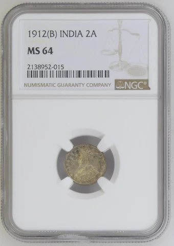 British India 1912 Bombay Two Annas Silver NGC MS 64 Cover