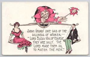 Sarah Grundy Lovers On A Scale with Court Jester Clown Silly Women Postcard 1907 - Picture 1 of 5