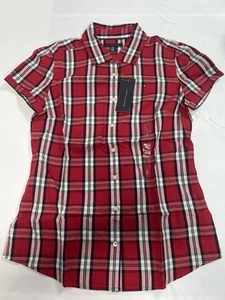 Tommy Hilfiger WOMEN SLIM Fit Short Sleeve PLAID Shirt RED/WHITE/BLACK SIZE S - Picture 1 of 9
