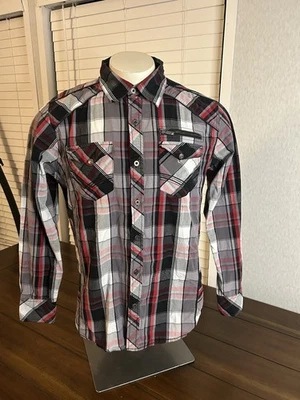 Camisa de hombre Rebel & Soul M manga larga con botones roja gris a cuadros occidental Foto 1 de 4