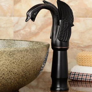 Swan Shape Bathroom Basin Faucet Black Brass Art Sink Water Mixer Tall Taps - Picture 1 of 4