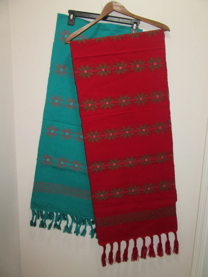 HANDMADE CHRISTMAS HOLIDAY TABLE RUNNERS TASSELS AQUA GREEN CHERRY RED 15" x 66" - Image 1 of 1