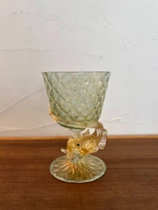 Venetian Murano Glass Gilding Wine Glass w/Fish Stem Italian artisanal product - Picture 1 of 12