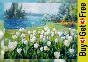 Spring Garden Tulips 5"x7" Print on Matte Paper | Lush Floral Impasto Landscape - Picture 1 of 17