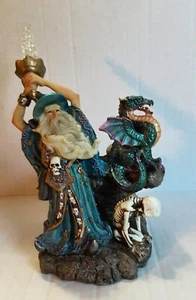 Medieval Wizard in Blue Holding Sword with Dragon, Skelton and Skulls Statue  - Picture 1 of 12