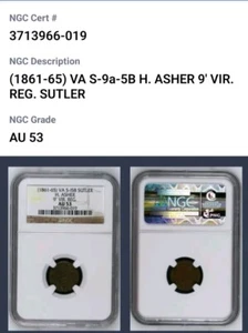 9th Virginia Regiment H. Asher Civil War Sutler 5 Cents Token VA-S-15B. CB1207 - Picture 1 of 7