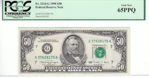 1990 $50 Fr 2124G PCGS 65PPQ Gem new Chicago S/N G37628175A bright green seal - Picture 1 of 2
