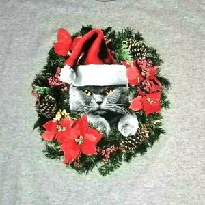 T-Shirt Gatto Natale Vacanze Gattino Babbo Natale Corona Taglia XL Grigio (T8H) - Foto 1 di 3