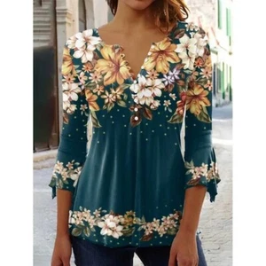 Womens Floral Print V-Neck Button-Down Blouse 3/4 Sleeve Casual Loose Fit Top - Picture 1 of 32