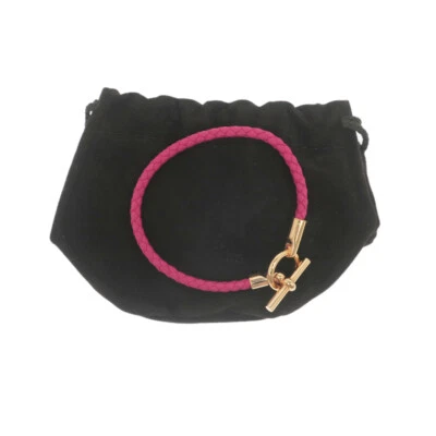 Pulsera HERMES Glenan Rosa México Cuero Trenzado Chapado en Oro Palanca Auténtica Foto 1 de 4