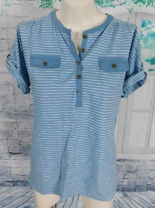 Lauren Jeans Ralph Lauren blau weiß gestreift Bündchen Kurzarm Strick Top - L - Bild 1 von 4