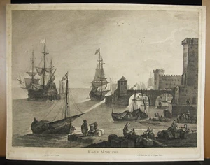 Gravure XVIIIeFrançois BASAN Bonav PEETERS vue maritime navire galion Port 47 cm - Imagen 1 de 5