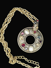 CHICO'S Jewel And Gold Tone Large Open Circle Pendant Statement Necklace 22 In