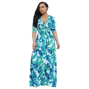 Faux-Wrap Dress Tropical Maxi White Tie Waist Size XXL Blue Hawaiian Vacation - Picture 1 of 16