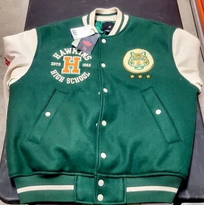 Netflix Stranger Things Mens White Green Varsity Jacket Size M NEW Hawkins H & M - Picture 1 of 8