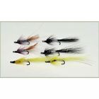 6 Double Hook Salmon Flies, Pink Shrimp, Black and Silver, Banana, Mixed Sizes