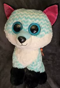 16” Extra Large New TY Beanie boo Piper Plush Stuffed Animal Fox Striped Blue - Picture 1 of 9