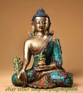 8" Old Tibet Bronze Turquoise Gems Shakyamuni Amitabha Buddha Statue - Picture 1 of 9