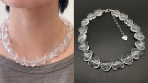 Girls Clear Acrylic Love Heart Bead Chunky Statement Beaded Necklace Choker UK - Picture 1 of 3