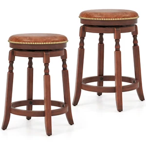 24" Swivel Bar Stool Set of 2 with Upholstered Seat & Rubber Wood Frame Round - Picture 1 of 7