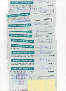 Cheques (B013) usados - década de 1980 - Barclays Bank, Timperley, Cheshire - 10 cheques - Imagen 1 de 1