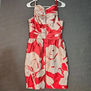 Abito da cocktail floreale Lida Baday taglia 6 rosso beige misto seta designer canadese - Foto 1 di 10