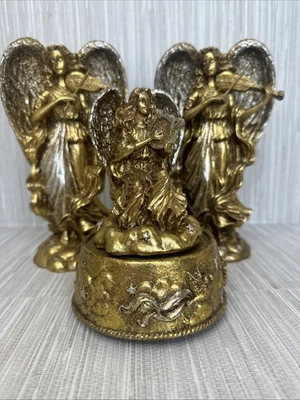 Vintage Set Of 3 Cherubs Playing Instruments Gold Silver Figurines Christmas - Image 1 of 4