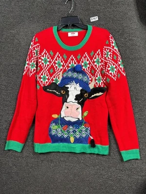 Holiday Time Sweater Mens Small Red Christmas Cow Light Up LED Ugly Novelty - Image 1 of 4