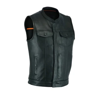 Men's Black Outlaw Leather Club Zipper/Snap Inside Gun Pockets Leather Vest - Picture 1 of 7