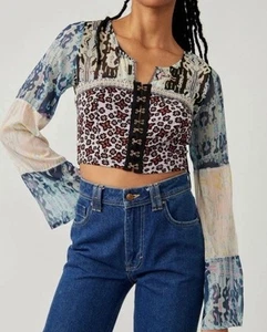 Top corsetto Free People Walk That Way crop boho patchwork taglia S maniche svasate - Foto 1 di 9